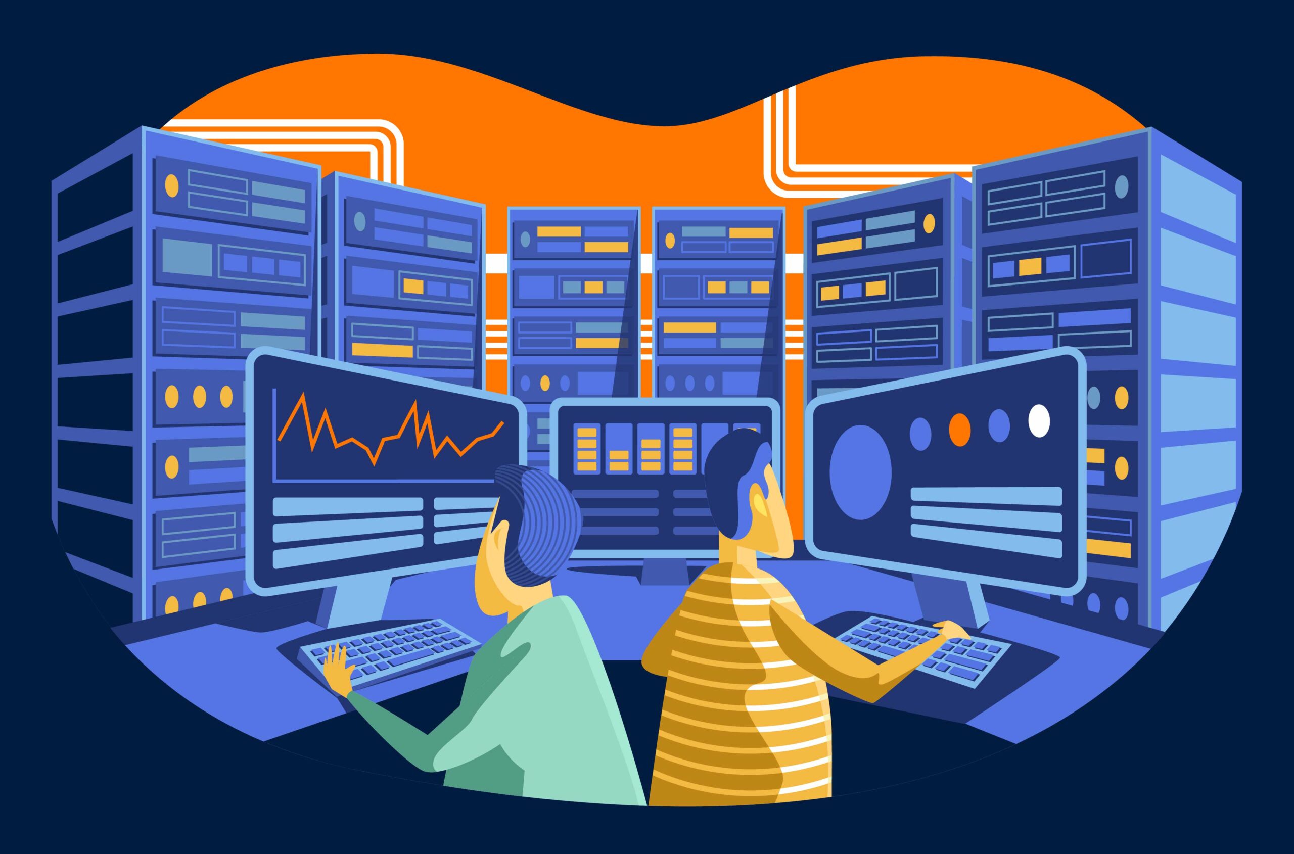 Two people monitoring data at multiple computer screens in a high-tech server room filled with racks of equipment and glowing screens. they are depicted in a colorful, stylized illustration.