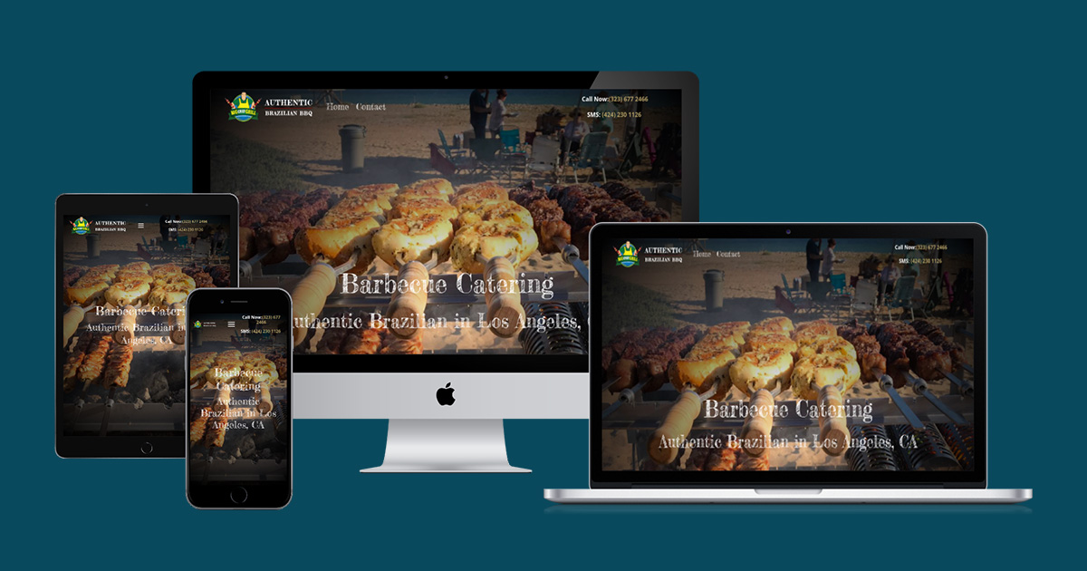 A mobile-friendly website design displayed across multiple devices: a smartphone, tablet, and desktop, showcasing a catering service with images of Brazilian barbecue.