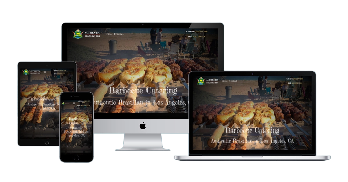 A mobile-friendly website design displayed across multiple devices: a smartphone, tablet, and desktop, showcasing a catering service with images of Brazilian barbecue.