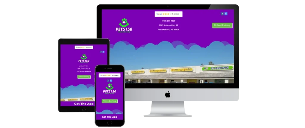 A desktop computer, tablet, and smartphone display the PETS150 website home page, featuring a purple background, green logo, contact information, and online booking button. The devices are arranged side by side.