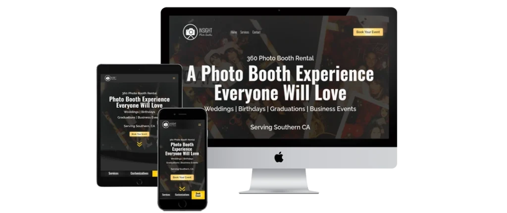 A website for a 360 photo booth rental service is displayed on a desktop monitor, tablet, and smartphone, showing the text “A Photo Booth Experience Everyone Will Love” and service details.