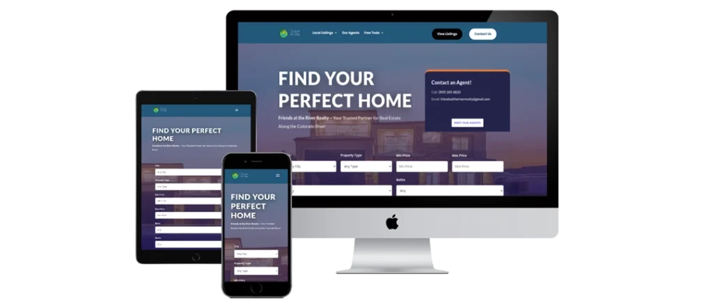 A responsive real estate website is displayed on a desktop monitor, tablet, and smartphone, all showing a search interface with the heading 