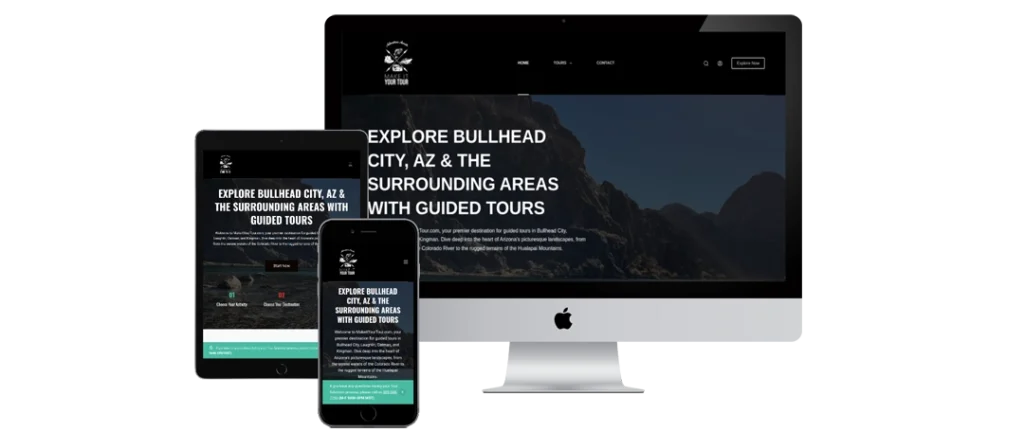A desktop computer, tablet, and smartphone display the same website for guided tours in Bullhead City, AZ, featuring a scenic mountain background and white text promoting exploration of local areas.