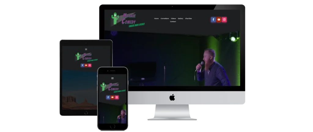A desktop computer, tablet, and smartphone display a comedy website featuring a logo, navigation menu, and a photo of a man performing stand-up, illustrating the site’s responsive design across devices.