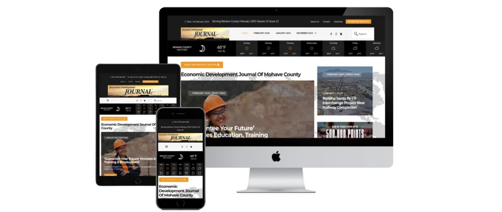 A desktop computer, tablet, and smartphone display the same news website, featuring a headline, navigation bar, temperature, and an image of a smiling person wearing a hard hat.