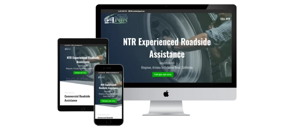 A computer monitor, tablet, and smartphone display the homepage of NTR Experienced Roadside Assistance, showing contact information and service locations in Kingman, Arizona and Southern California.