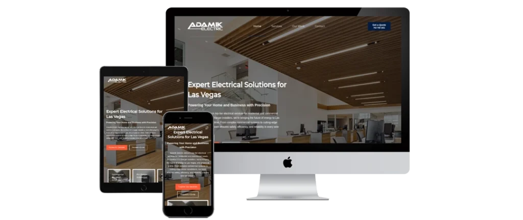 A desktop computer, tablet, and smartphone display the same website for Adamik Electric, showing an office interior with wood panel ceiling and the text 