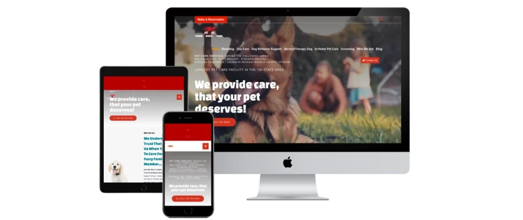 A desktop computer, tablet, and smartphone display a pet care website with the headline “We provide care, that your pet deserves!” Each screen shows a responsive version of the site with animal images and navigation options.