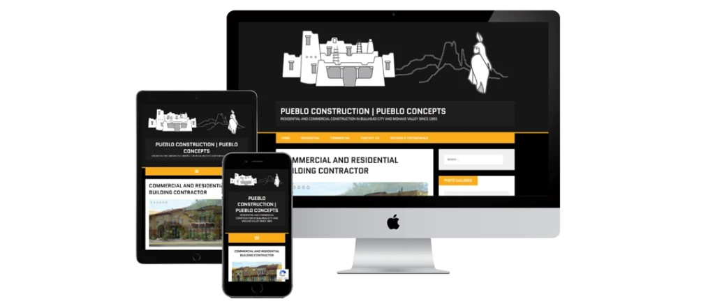 A desktop computer, tablet, and smartphone display the Pueblo Construction | Pueblo Concepts website featuring a black, white, and yellow design with a pueblo illustration and navigation menu.