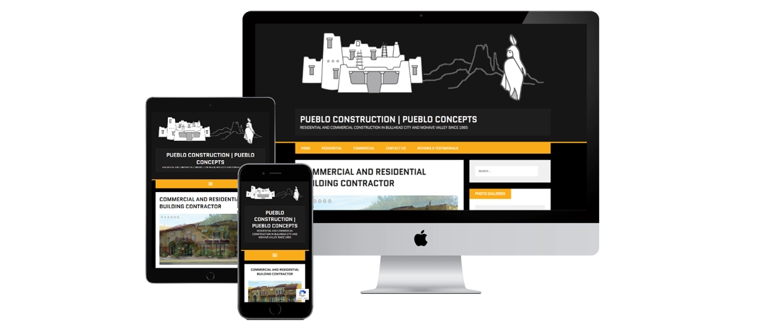 A desktop computer, tablet, and smartphone display the Pueblo Construction | Pueblo Concepts website featuring a black, white, and yellow design with a pueblo illustration and navigation menu.