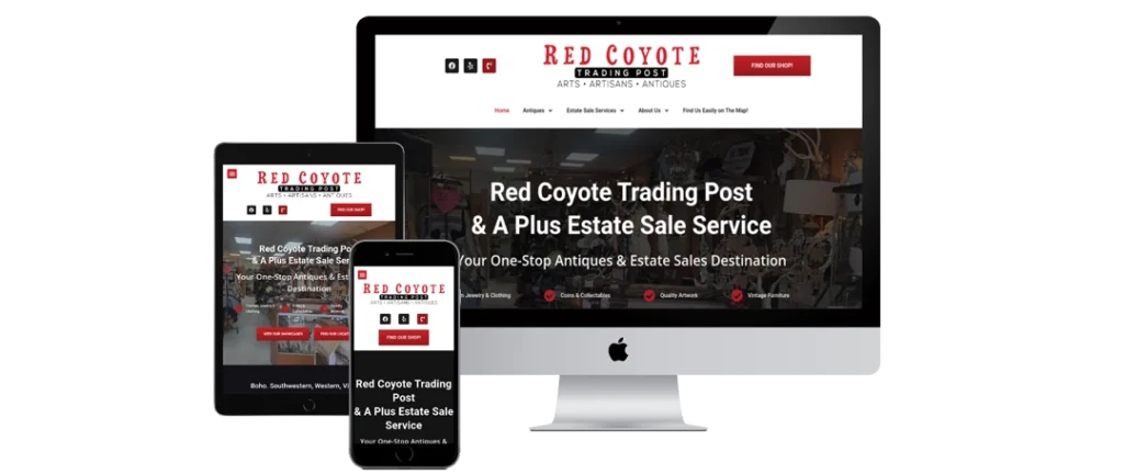 A desktop computer, tablet, and smartphone display the Red Coyote Trading Post & A Plus Estate Sale Service website homepage, showing a consistent layout and branding across all devices.