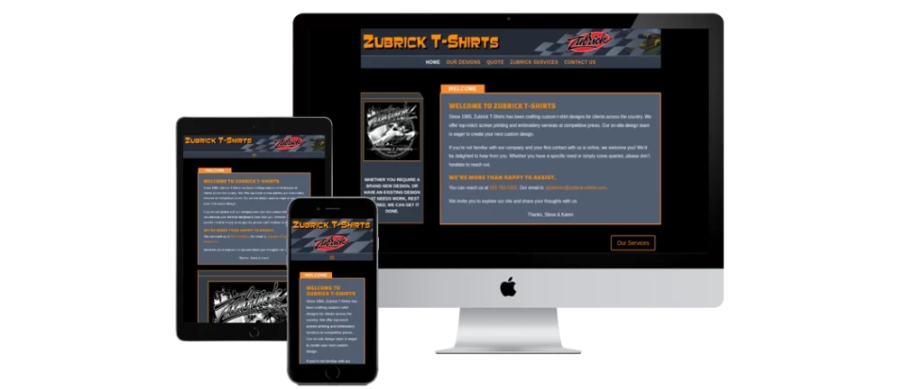A responsive website for Zubrick T-Shirts is displayed on a desktop monitor, tablet, and smartphone. The site features a dark theme, orange accents, and the logo at the top, with navigation links and text content visible.