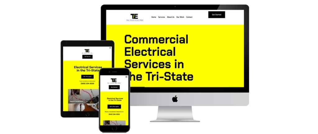 A desktop monitor, tablet, and smartphone display a yellow and black website for an electrical business with bold text reading 