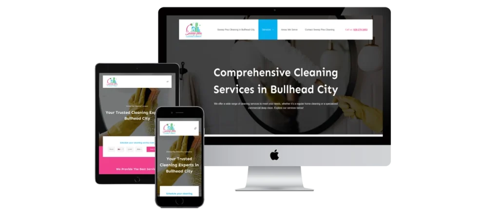 A desktop monitor, tablet, and smartphone display a cleaning service website with the headline 