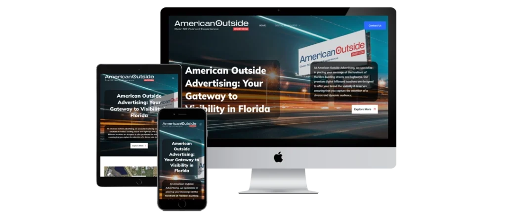 A website for American Outside Advertising is displayed on a smartphone, tablet, and desktop monitor, showing the homepage with text about advertising and visibility in Florida, and a contact button.