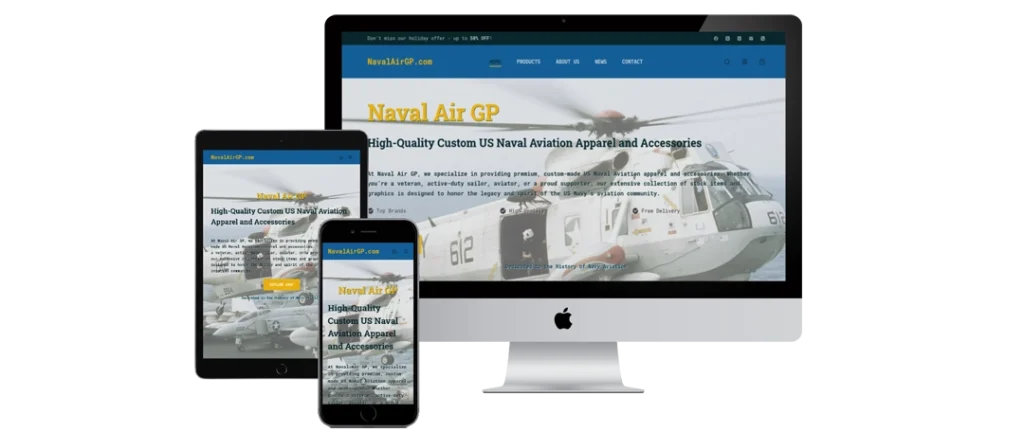 A desktop computer, tablet, and smartphone display the Naval Air GP website homepage, featuring a helicopter image and text about US Naval aviation apparel and accessories. The layout adapts to each device screen.