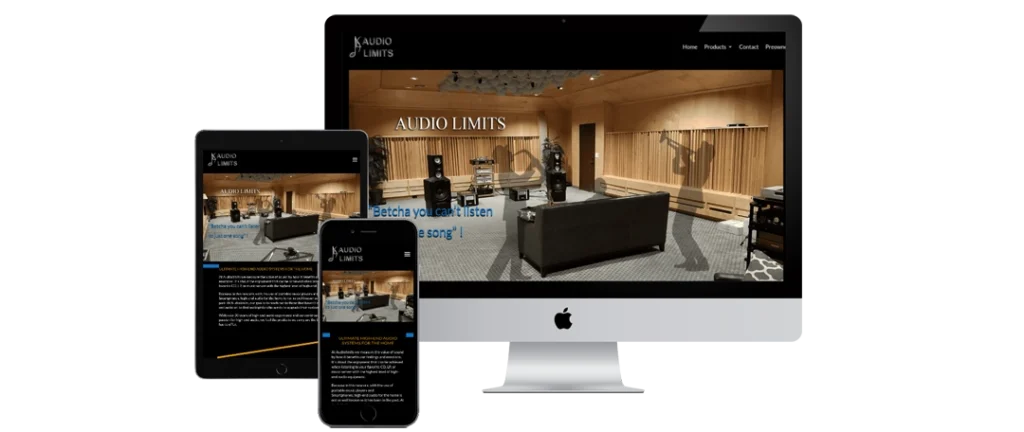 A desktop computer, tablet, and smartphone display the Audio Limits website, featuring a modern recording studio with wood panels, audio equipment, and soundproofing materials.