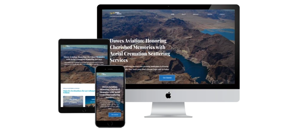 A desktop computer, tablet, and smartphone display the same website homepage featuring aerial landscape photography and text about Dawes Aviation’s aerial cremation scattering services.