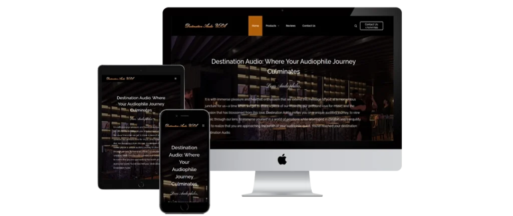 A website for Destination Audio NYC is displayed on an iMac, iPhone, and iPad, showing a dark-themed interface with white text and images of an audio showroom. The same homepage content is visible on all devices.