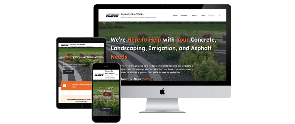 A desktop monitor, tablet, and smartphone display the Kennedy Site Works website homepage, which features landscaping images and text offering help with concrete, landscaping, irrigation, and asphalt needs.
