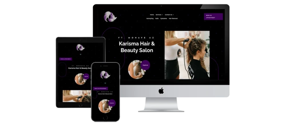 A responsive website for Karisma Hair & Beauty Salon is displayed on a desktop computer, tablet, and smartphone. The site features a dark theme, salon logo, navigation menu, and a photo of a stylist working on a client's hair.