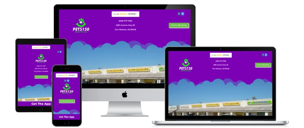 A pet care website with a purple and green theme is displayed on a desktop, laptop, tablet, and smartphone, showing responsive design. The site includes the business name, contact details, location, and an online booking button.