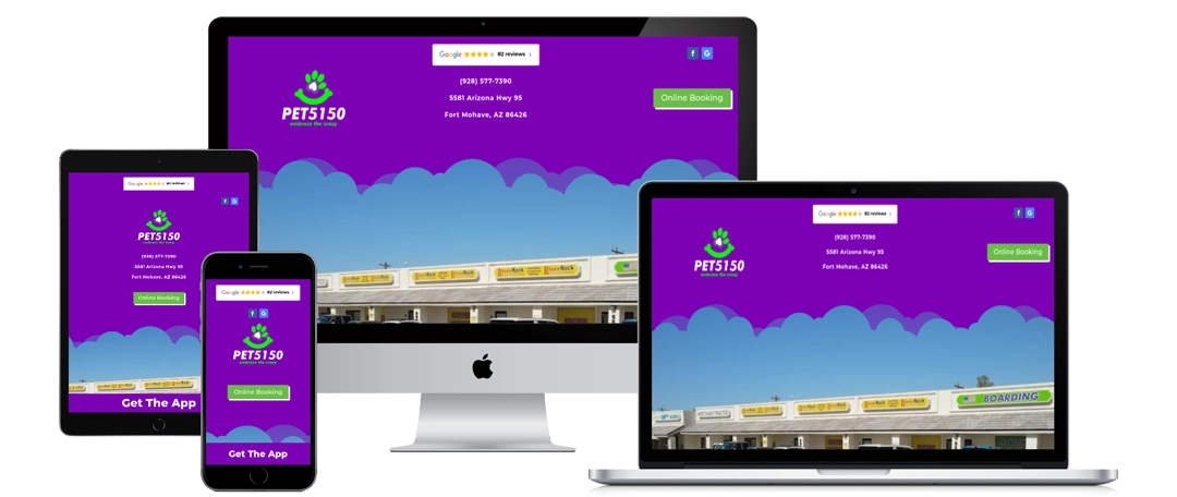 A pet care website with a purple and green theme is displayed on a desktop, laptop, tablet, and smartphone, showing responsive design. The site includes the business name, contact details, location, and an online booking button.