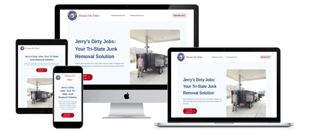 A website for “Jerry’s Dirty Jobs” is displayed on a smartphone, tablet, laptop, and desktop monitor, showing a red and white design with text about junk removal services and an image of a man with a trailer full of junk.