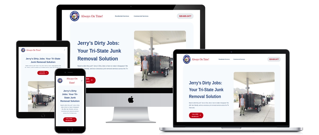 A website for “Jerry’s Dirty Jobs” is displayed on a smartphone, tablet, laptop, and desktop monitor, showing a red and white design with text about junk removal services and an image of a man with a trailer full of junk.