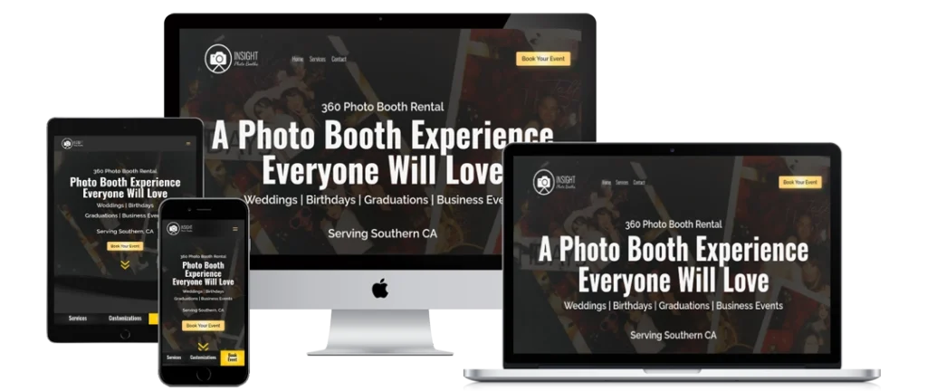 A website for a 360 photo booth rental is displayed on a desktop computer, laptop, tablet, and smartphone. The homepage text reads: 