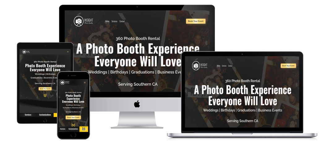 A website for a 360 photo booth rental is displayed on a desktop computer, laptop, tablet, and smartphone. The homepage text reads: "A Photo Booth Experience Everyone Will Love" and lists event types and service area.