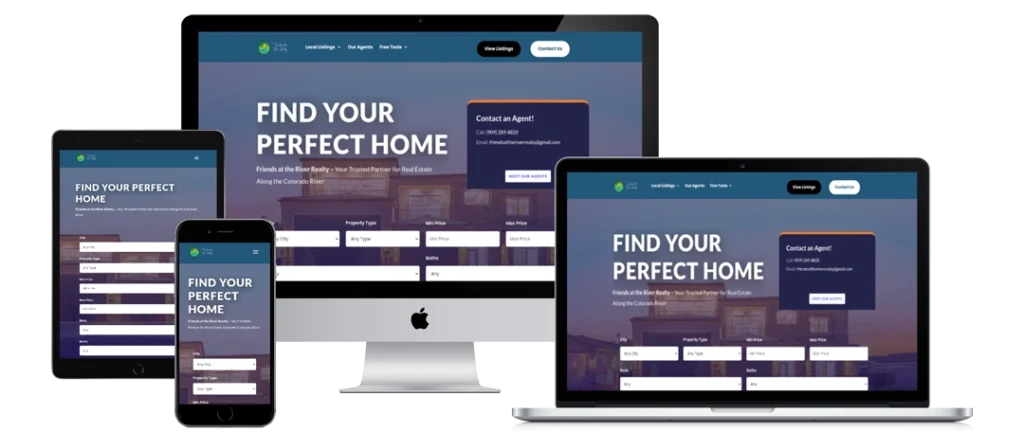 A real estate website is displayed on a smartphone, tablet, desktop monitor, and laptop, showing a search interface with the text 