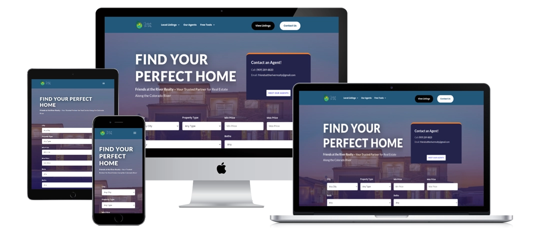 A real estate website is displayed on a smartphone, tablet, desktop monitor, and laptop, showing a search interface with the text "Find Your Perfect Home" and search fields for property details.