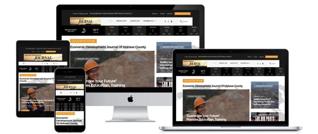 A news website displaying an article about economic development is shown on various devices: a desktop computer, laptop, tablet, and smartphone, demonstrating responsive web design.