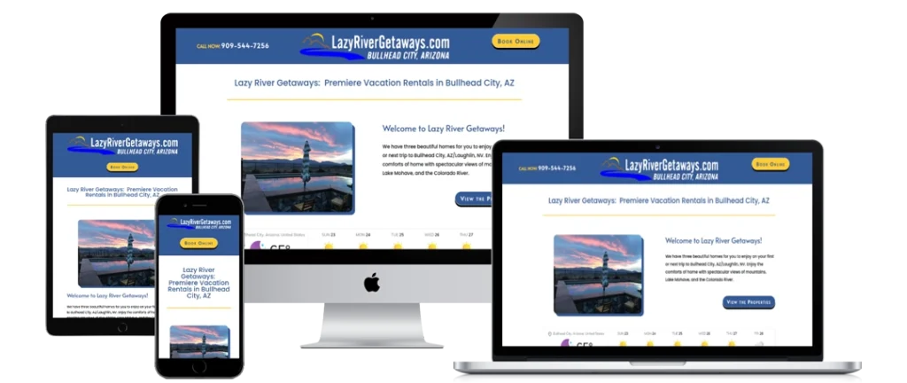 A website for Lazy River Getaways is displayed on a desktop, laptop, tablet, and smartphone, showing its responsive design. The site features a sunset photo over water and options for booking vacation rentals.