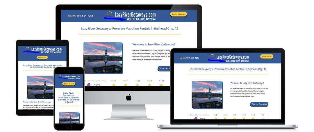 A website for Lazy River Getaways is displayed on a desktop, laptop, tablet, and smartphone, showing its responsive design. The site features a sunset photo over water and options for booking vacation rentals.