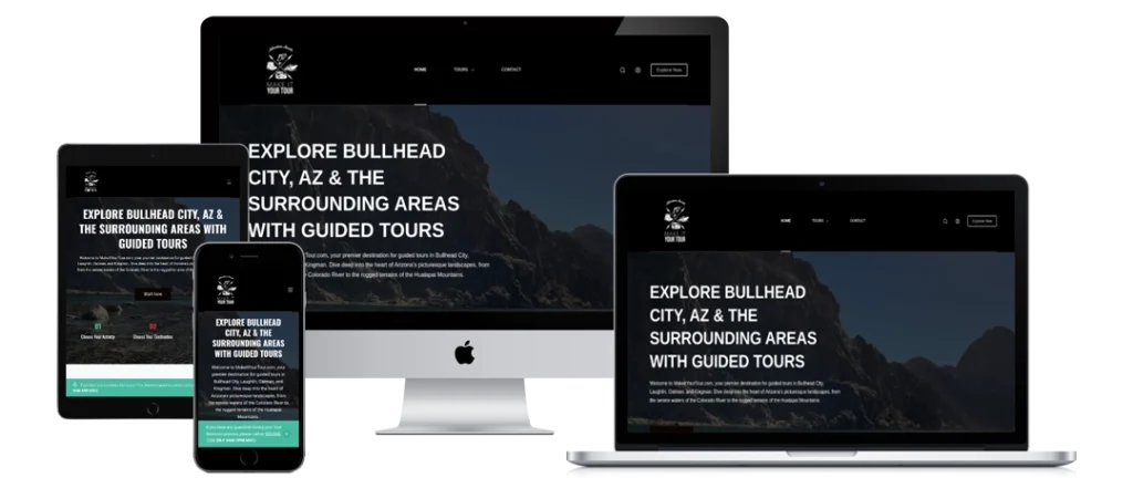 A website for guided tours in Bullhead City, AZ, is displayed on a smartphone, tablet, desktop monitor, and laptop, showing responsive web design on different device screens.