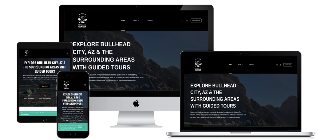 A website for guided tours in Bullhead City, AZ, is displayed on a smartphone, tablet, desktop monitor, and laptop, showing responsive web design on different device screens.