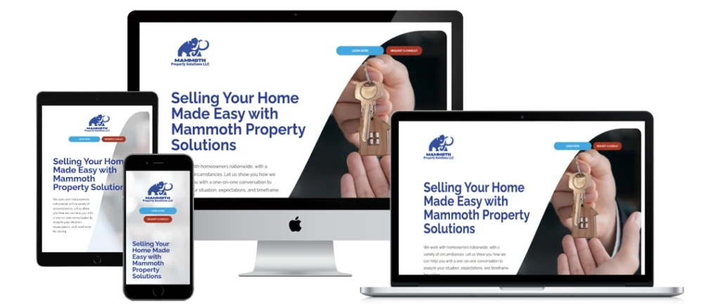 A website for Mammoth Property Solutions is displayed on a smartphone, tablet, laptop, and desktop monitor, all showing the homepage with a hand holding house keys and the slogan 
