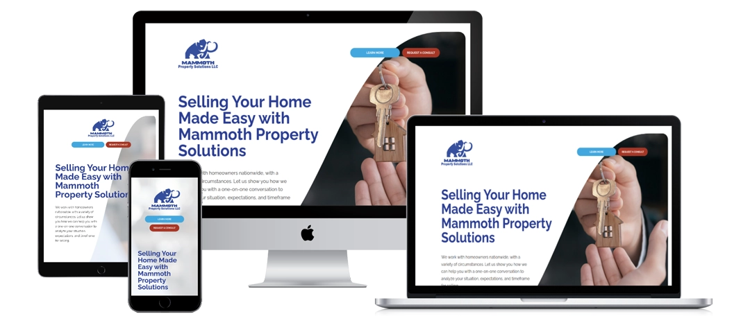 A website for Mammoth Property Solutions is displayed on a smartphone, tablet, laptop, and desktop monitor, all showing the homepage with a hand holding house keys and the slogan "Selling Your Home Made Easy.