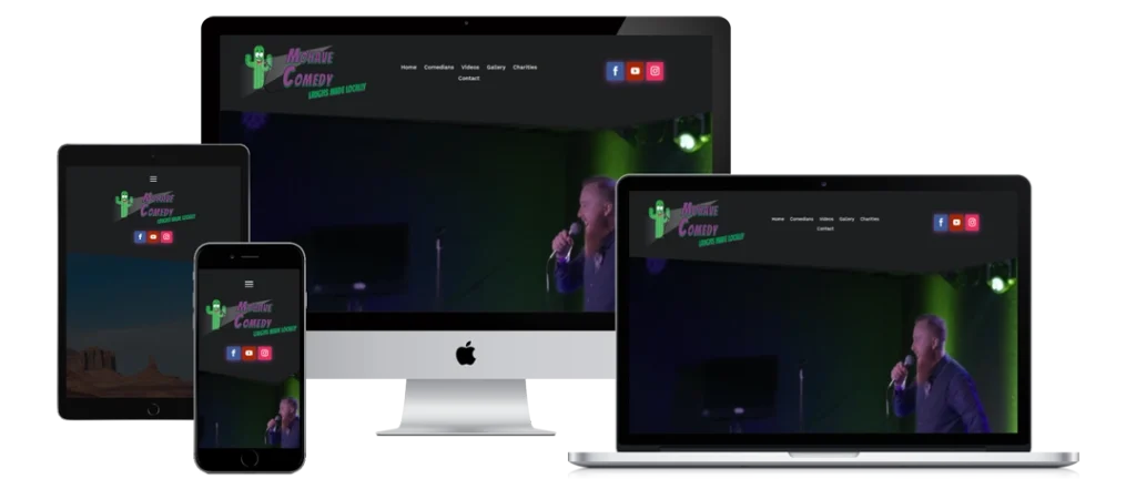 A comedy club website is displayed on a desktop, laptop, tablet, and smartphone screen, showing a man performing stand-up comedy on stage with green lighting. The website header and logo are visible on each device.