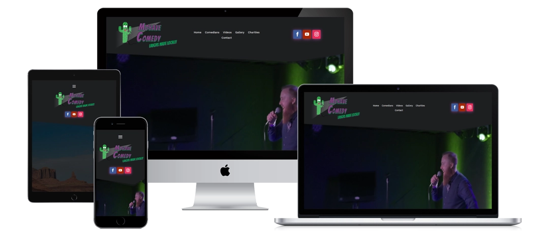 A comedy club website is displayed on a desktop, laptop, tablet, and smartphone screen, showing a man performing stand-up comedy on stage with green lighting. The website header and logo are visible on each device.