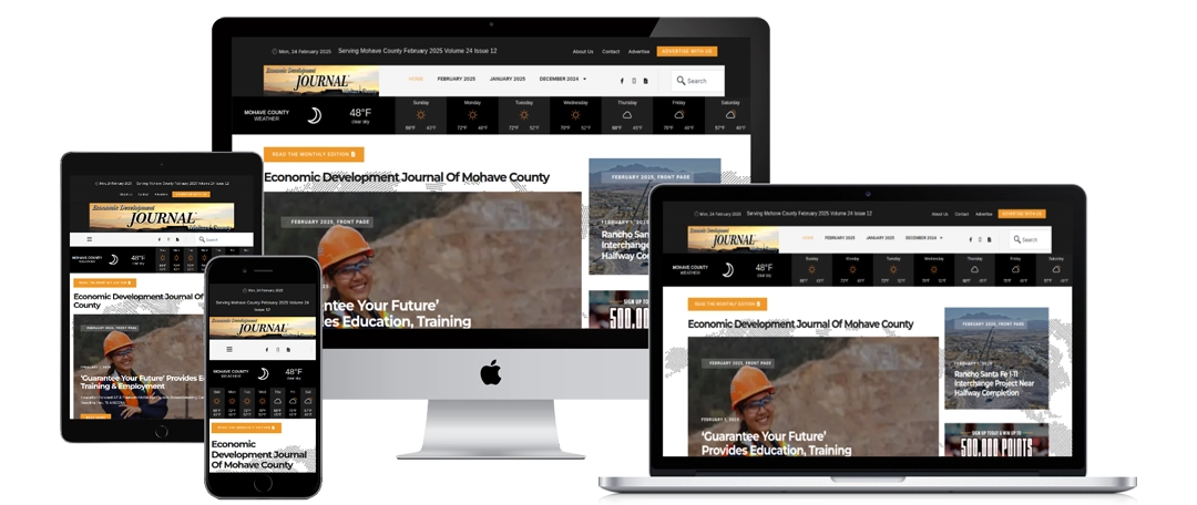 A website displaying the Economic Development Journal of Mohave County is shown on various devices: a desktop monitor, laptop, tablet, and smartphone, each displaying a consistent layout and content.