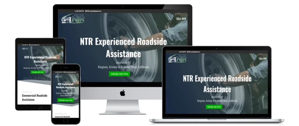 A website for NTR Experienced Roadside Assistance is displayed on a desktop computer, laptop, tablet, and smartphone. The site features a green call-to-action button and a background image of a person with a tire.