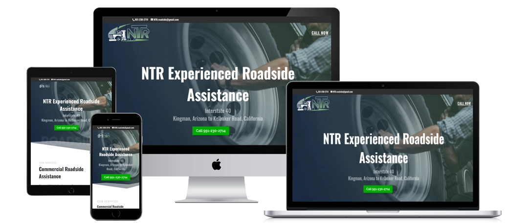 A website for NTR Experienced Roadside Assistance is displayed on a desktop computer, laptop, tablet, and smartphone. The site features a green call-to-action button and a background image of a person with a tire.