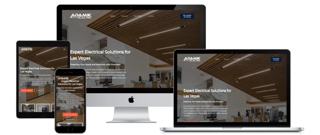 A website for an electrical company is displayed on a desktop computer, laptop, tablet, and smartphone, showing responsive design with the same homepage content visible on each device.