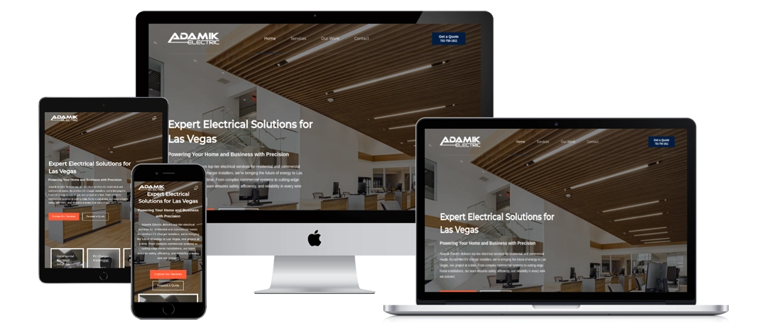 A website for an electrical company is displayed on a desktop computer, laptop, tablet, and smartphone, showing responsive design with the same homepage content visible on each device.