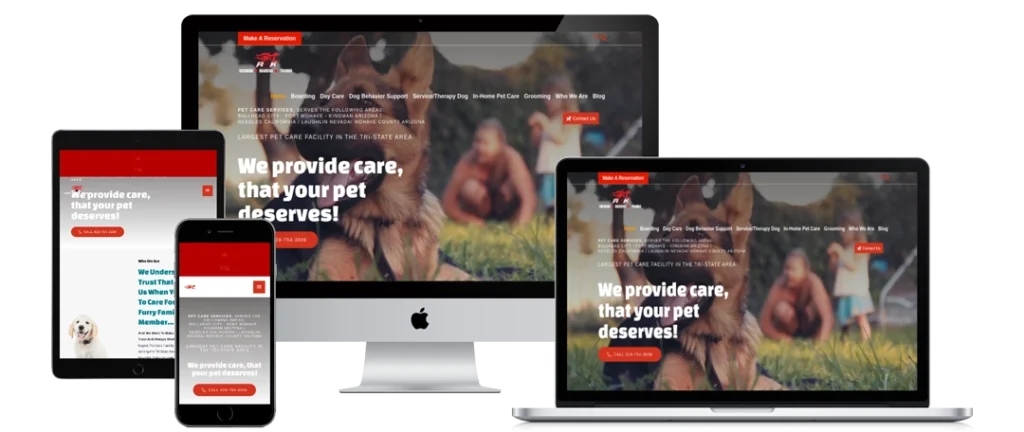 A pet care website is displayed on a smartphone, tablet, laptop, and desktop monitor. The homepage shows dogs and features the headline 
