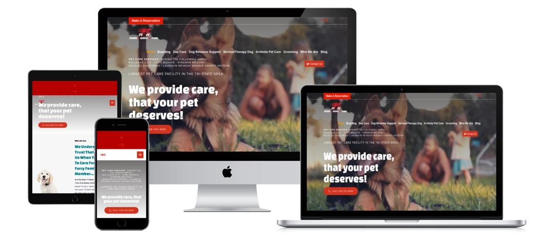 A pet care website is displayed on a smartphone, tablet, laptop, and desktop monitor. The homepage shows dogs and features the headline "We provide care, that your pet deserves!" with navigation menus and a red reservation button.