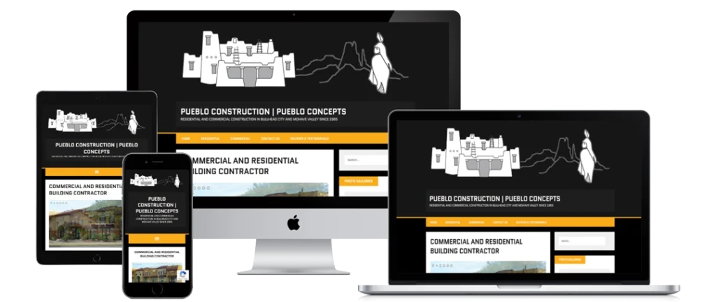 A website for Pueblo Construction is displayed on a smartphone, tablet, laptop, and desktop monitor, showing a consistent black, white, and orange design with a construction-themed illustration in the header.